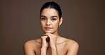 Beauty, woman and portrait in studio for natural skincare, dermatology or cosmetics on background. Healthy glow, wellness and antiaging cosmetology with space, clean skin or self care treatment