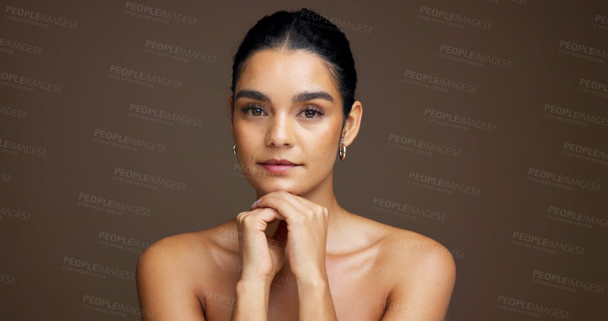 Buy stock photo Beauty, woman and portrait in studio for natural skincare, dermatology or cosmetics on background. Healthy glow, wellness and antiaging cosmetology with space, clean skin or self care treatment