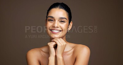 Buy stock photo Portrait, beauty and skincare with happy woman in studio for glow, natural aesthetic or shine. Face, smile or female model with cosmetics for dermatology, self care or skin health on background space