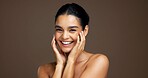 Portrait, beauty and skincare with woman for self care, natural moisturizer or hydration in studio. Face, smile or model with cosmetics for dermatology, glow or collagen treatment on background space