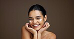 Beauty, portrait and girl with face cream in studio for collagen treatment, hydration and self care. Mockup, woman and happy with cosmetics product on brown background for skin glow and anti ageing
