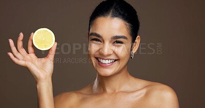 Buy stock photo Beauty, woman and portrait with lemon in studio for natural skincare, dermatology or vitamin c on background. Healthy glow, citrus fruit and sustainable antiaging with clean skin or self care
