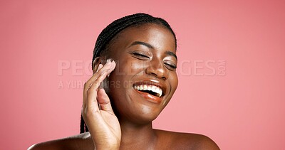 Buy stock photo Black woman, happy and touch for skincare with confidence, satisfaction and calm. Person, space and laughing on studio background for dermatology, cosmetics and natural texture with aesthetic