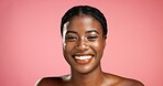 Black woman, happy and portrait for skincare with confidence, satisfaction and calm. Person, space and teeth smile on studio background for dermatology, cosmetics and natural texture with aesthetic