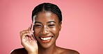 Portrait, beauty and black woman with smile, skincare and facial treatment for healthy skin or glow. Happy, person and cosmetics for wellness, studio background and shine of face or mockup space