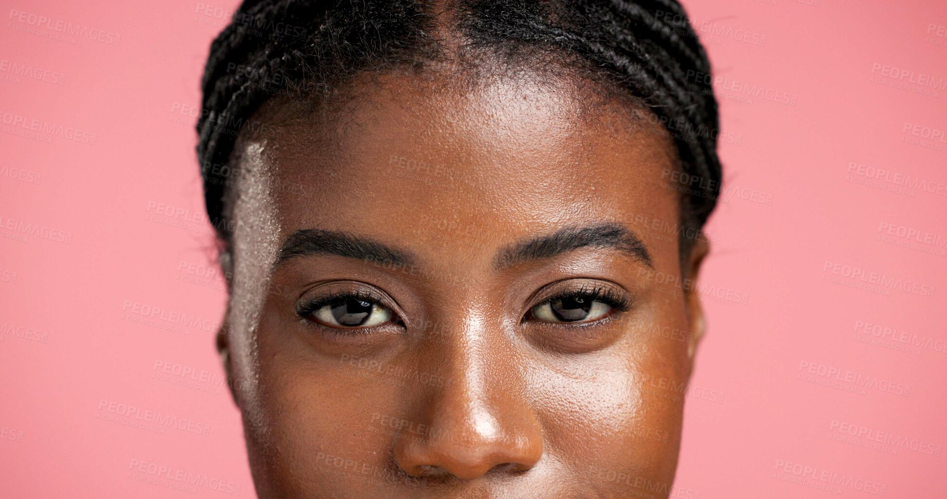 Buy stock photo Portrait, eyes and beauty with woman closeup for eyelash treatment, natural aesthetic or microblading. Face, skincare and African model with cosmetics, mascara and lashes on pink studio background