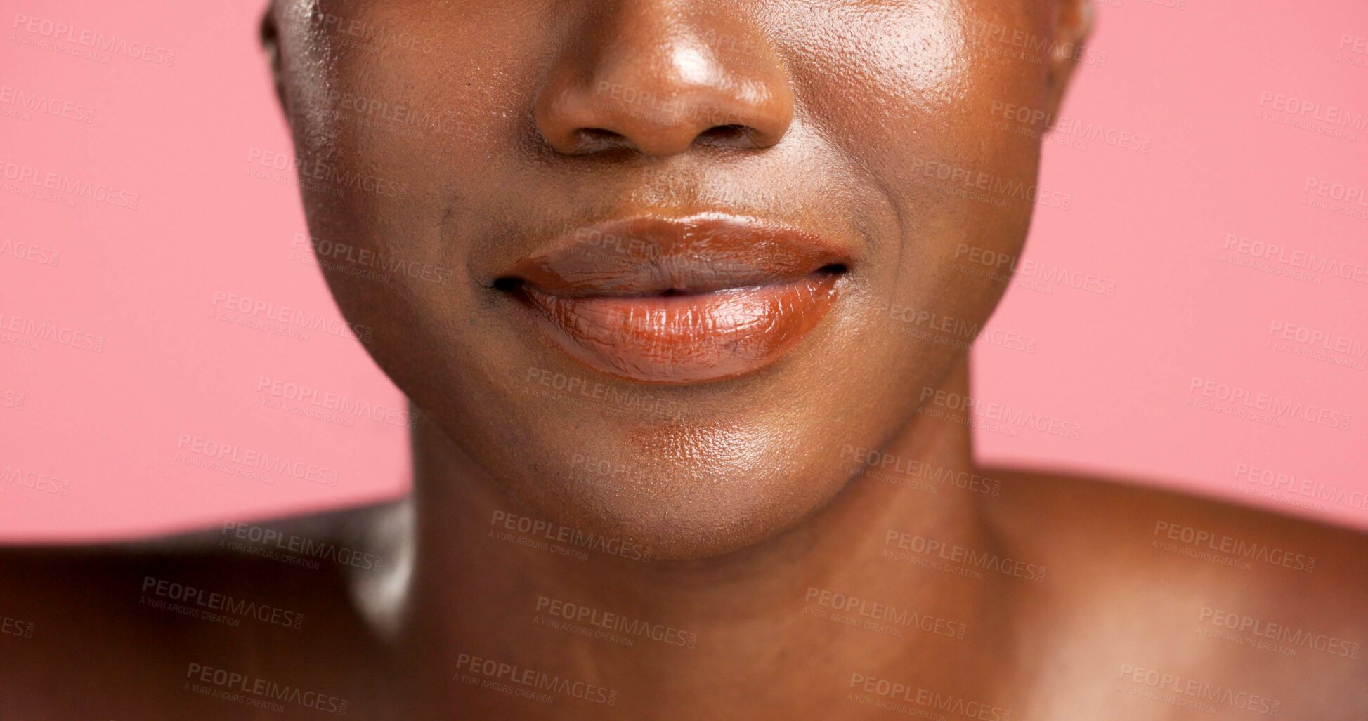 Buy stock photo Cosmetics, mouth and skincare with black woman in studio for dermatology, skin hydration or vitamin C. Beauty, lips and wellness with model person isolated on pink background for facial aesthetic