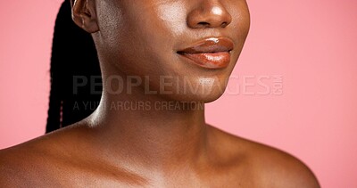 Buy stock photo Beauty, cosmetics and mouth of black woman in studio for dermatology, skin hydration or vitamin C. Lips, skincare and wellness with model person isolated on pink background for facial aesthetic