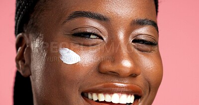 Buy stock photo Portrait, smile and black woman with cream, skincare and hydration for healthy skin and dermatology. Happy, person and cosmetics for facial treatment, studio background and lotion for beauty or face