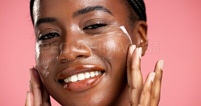 Buy stock photo Portrait, healthy skin and black woman with cream, skincare and smile for hydration and dermatology. Happy, person and cosmetics for facial treatment, studio background and lotion for beauty or shine