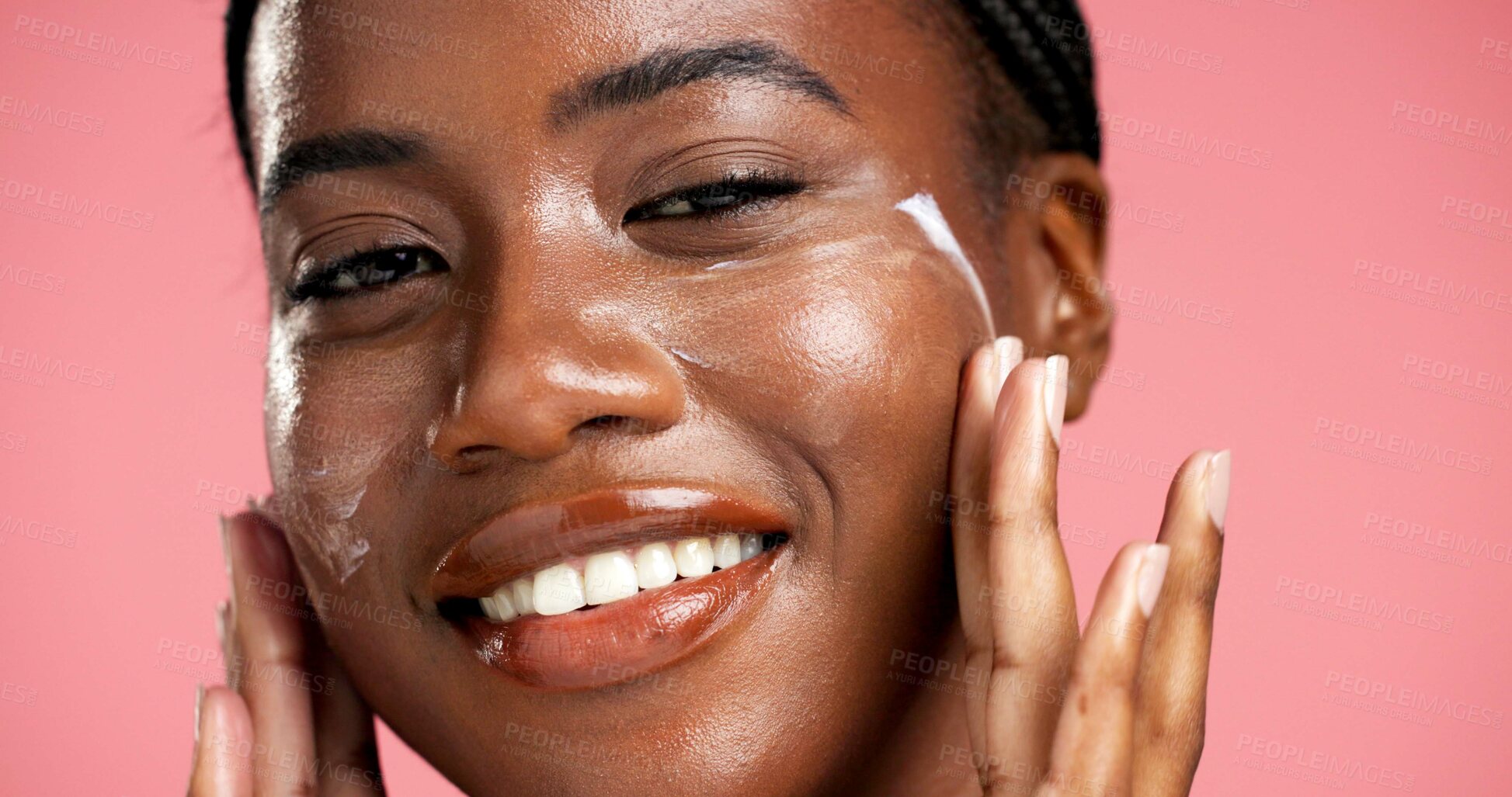 Buy stock photo Portrait, healthy skin and black woman with cream, skincare and smile for hydration and dermatology. Happy, person and cosmetics for facial treatment, studio background and lotion for beauty or shine