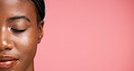 Half, face and facial treatment for woman, wellness or dermatology for glow of smooth skin or shine. Studio background, beauty and black person with eyes closed, mockup space or cosmetic for selfcare