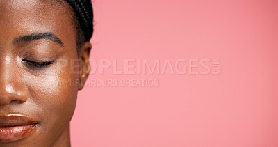 Buy stock photo Half, face and facial treatment for woman, wellness or dermatology for glow of smooth skin or shine. Studio background, beauty and black person with eyes closed, mockup space or cosmetic for selfcare