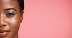 Half, portrait and woman with healthy skin, skincare and facial treatment for glow and mockup space. Confident, black person and smooth face with dermatology, wellness and beauty or studio background