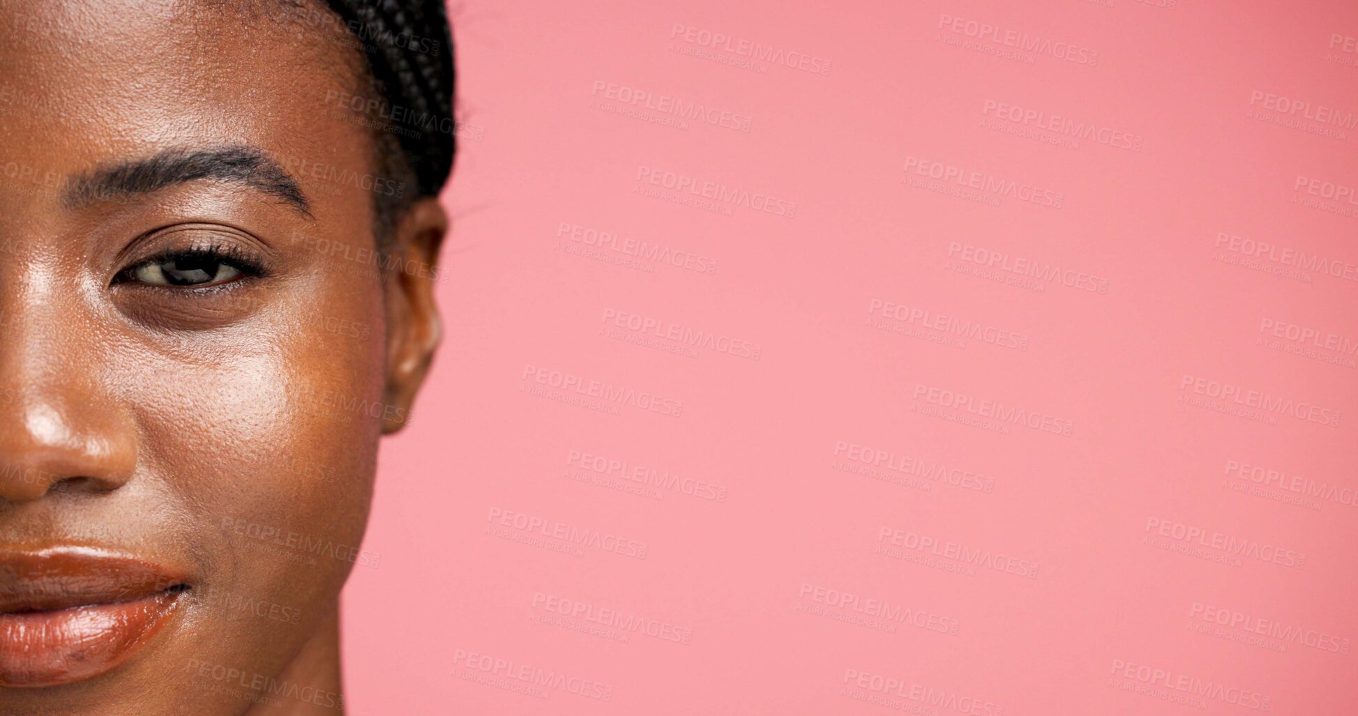 Buy stock photo Half, portrait and woman with healthy skin, skincare and facial treatment for glow and mockup space. Confident, black person and smooth face with dermatology, wellness and beauty or studio background