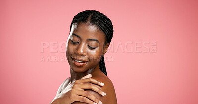 Buy stock photo Self care, shine and woman with smooth skin, beauty and skincare with cosmetics, smile and wellness. Studio background, happy and black person with glow for bodycare, mockup space and dermatology