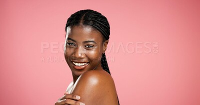 Buy stock photo Space, happy or black woman in portrait with body care, treatment or skin hydration. Shine, shoulder or African female person in studio on pink background with smooth texture, beauty or cosmetics