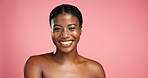 Portrait, facial treatment and black woman with smile, skincare and glow of healthy skin and beauty. Happy, person and cosmetics for wellness, studio background and shine of face or mockup space