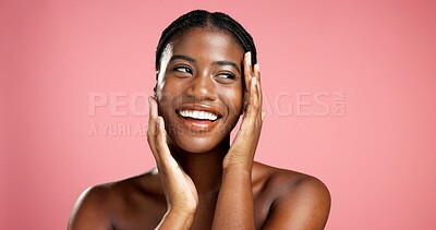 Buy stock photo Smile, thinking or black woman with space for skincare, wellness and satisfaction in studio. Shine, happy or funny African person isolated on pink background with confidence, beauty and cosmetics