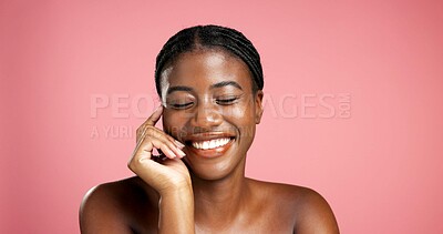 Buy stock photo Space, laughing or black woman in studio with smile, wellness and skincare for satisfaction. Shine, happy or funny African person isolated on pink background with confidence, beauty and cosmetics