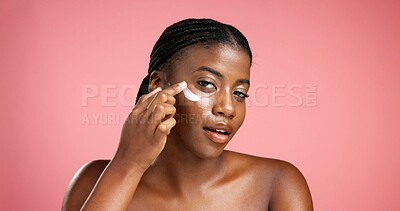 Buy stock photo Portrait, cosmetics and black woman with cream, smooth skin and smile for skincare and mockup space. Happy, person and facial treatment for wellness, studio background and lotion for beauty or shine