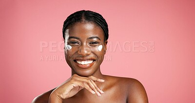 Buy stock photo Portrait, black woman and face cream in studio for beauty, facial hydration and treatment. Happy, female person and moisturizing lotion with self care, sunscreen benefits and shine on pink background