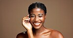Portrait, black woman and laugh for skincare in studio with beauty, facial treatment and results. Happy, female person and natural cosmetics of dermatology, healthy shine and glow on brown background