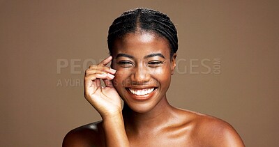 Buy stock photo Portrait, black woman and laugh for skincare in studio with beauty, facial treatment and results. Happy, female person and natural cosmetics of dermatology, healthy shine and glow on brown background