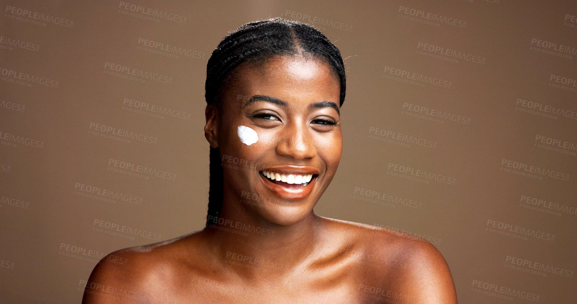 Buy stock photo Cream, beauty and portrait of black woman in studio for skincare product, cosmetics and dermatology. Glow, hyaluronic acid and self care with person and lotion on brown background space for retinol