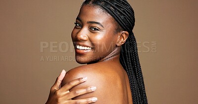 Buy stock photo Confidence, happy or black woman on brown background with body care, portrait or healthy skin. Shoulder, smile or African female person in studio with smooth texture, beauty glow and cosmetics space