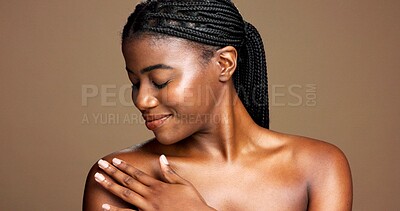 Buy stock photo Studio background, bodycare and woman with smooth skin, smile and treatment for wellness glow. Happy, black person and pride for dermatology, beauty or cosmetic for skincare, self care or space