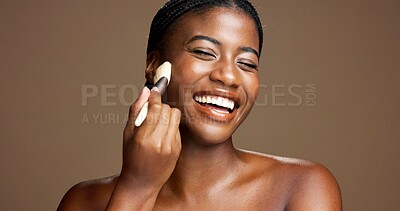 Buy stock photo Makeup, brush and smile with black woman in studio for foundation application, glow and self care. Beauty tools, cosmetics and shine with female person on brown background space for blush powder