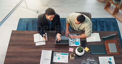 Buy stock photo Documents, notebook and business men in office for meeting with finance data, statistics or graphs. Paperwork, writing and top view of male financial managers plan for company investment with charts.