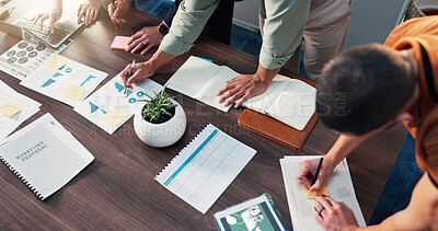 Buy stock photo Documents, notebook and business people in office for meeting with finance data, statistics or graphs. Paperwork, writing and top view of financial managers plan for company investment with charts.