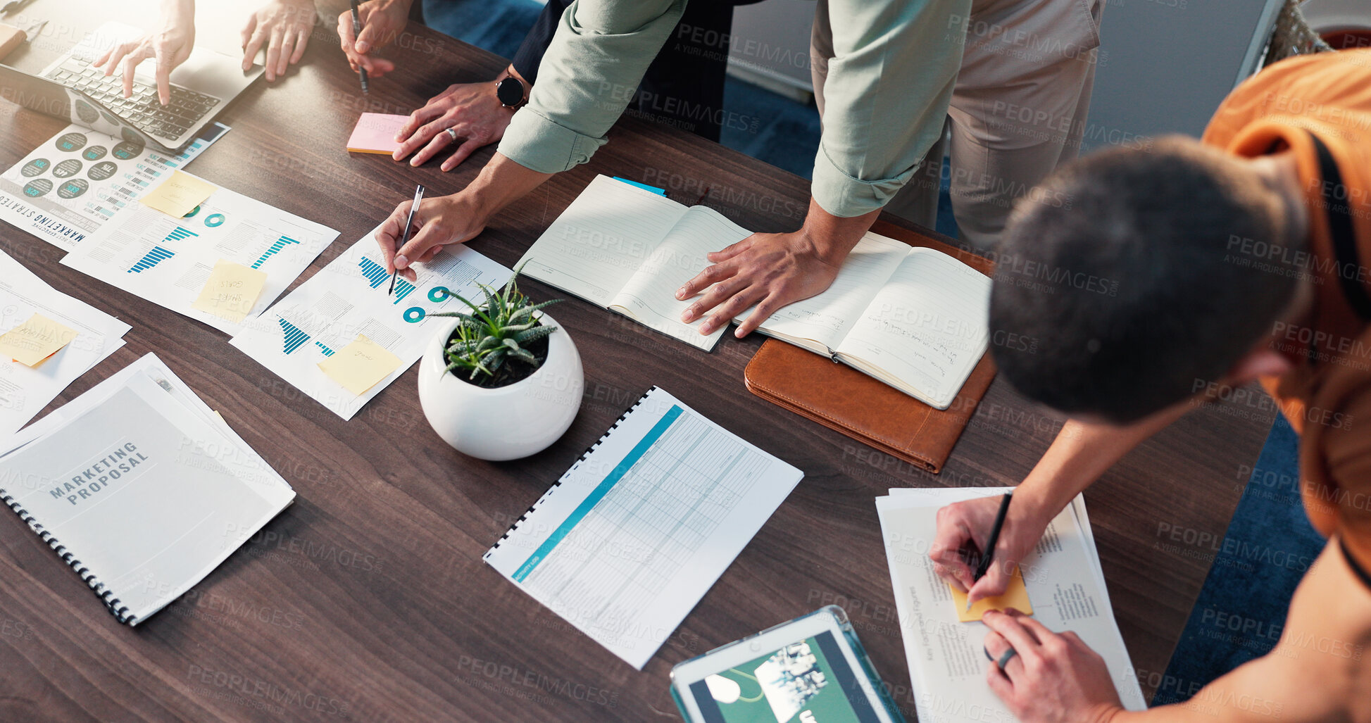 Buy stock photo Documents, notebook and business people in office for meeting with finance data, statistics or graphs. Paperwork, writing and top view of financial managers plan for company investment with charts.