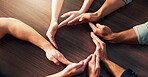 People, hands or circle with social cohesion for team building, unity or mission together above. Top view, group or community with solidarity, trust or support for inclusion, connection or efficiency