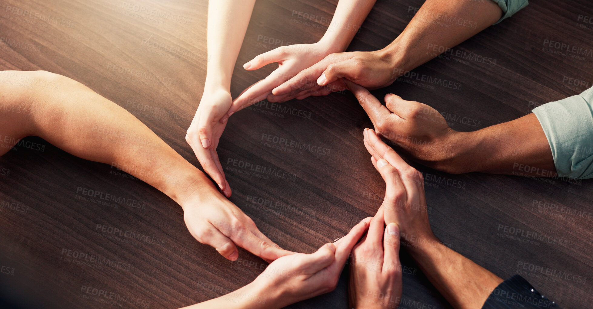 Buy stock photo People, hands or circle with social cohesion for team building, unity or mission together above. Top view, group or community with solidarity, trust or support for inclusion, connection or efficiency