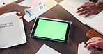 Office, documents and hands with tablet, green screen and meeting for data analysis or mockup space. Above, charts and people with paperwork for stats, financial analyst and colleagues with report