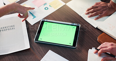 Office, documents and hands with tablet, green screen and meeting for data analysis or mockup space. Above, charts and people with paperwork for stats, financial analyst and colleagues with report