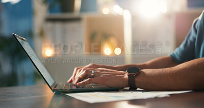 Buy stock photo Hands, person and typing on laptop in office for research, review email and editing article. Journalist, pc and keyboard for feedback report, writing story and schedule information for publication