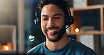 Man, call center and mic for communication at night for advice, help desk and freelance customer service. Headset, laptop and male agent on late shift for telecom, client support or remote work bokeh