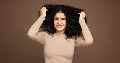Buy stock photo Mistake, hair and portrait of woman in studio with frizz problem, dry texture and damage. Hairdresser, salon and person worried for haircare treatment, curly routine and grooming on brown background