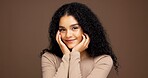 Cosmetology, portrait and woman in studio for beauty, makeup or facial glow with glamour. Smile, natural and female person from Colombia with face cosmetics for confidence by brown background.
