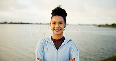 Buy stock photo Fitness, lake and portrait with woman outdoor in nature for cardio, running or training routine. Arms crossed, exercise and smile of runner or sports athlete in park for improvement or workout