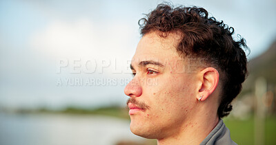 Buy stock photo Serious, thinking and man for travel outdoor for vacation, weekend break and planning adventure. Space, male person and reflection for holiday ideas, tourist thoughts and nostalgia memory for getaway