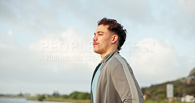 Buy stock photo Exercise, lake and thinking with man outdoor in nature for cardio, running or training routine. Fitness, idea and vision with runner or sports athlete in park for development, improvement or workout