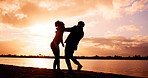 Love, sunset and laugh with couple at lake for travel vacation, adventure and bonding. Support, environment explore and holiday with man and woman in nature for romance, anniversary and tourism