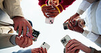 People, hands and network with phone below in circle for social media, data sync or sharing app. Low angle, group or community with mobile smartphone for online texting, connection or global research