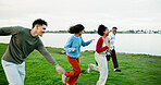 Holiday, friends and running outdoor at lake for bonding, excited students and adventure together. Man, woman and group race on vacation for travel, journey and happy with energy on gap year by park
