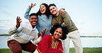 Smile, portrait of group of friends outdoor for holiday, weekend trip or getaway together. People, connection and students with happiness by lake for travel, vacation or adventure for bonding.